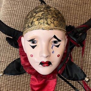 Harlequin Nobody’s Fool 1980s Jester Mask with Gold and Red Accents